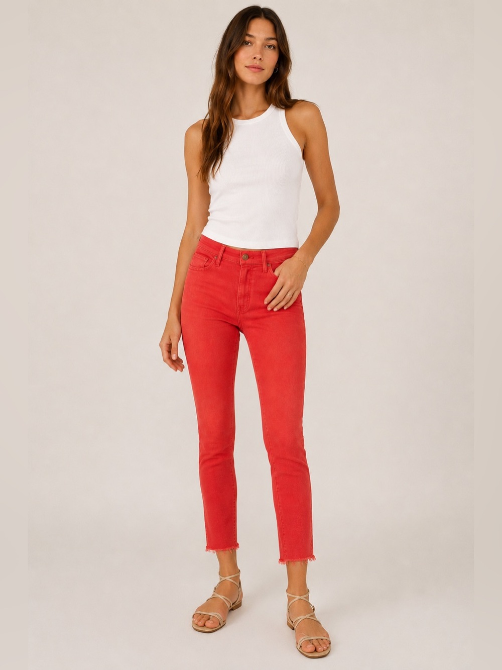 Mother The Swooner Rascal Ankle Fray Coral Red Jeans Size 26
